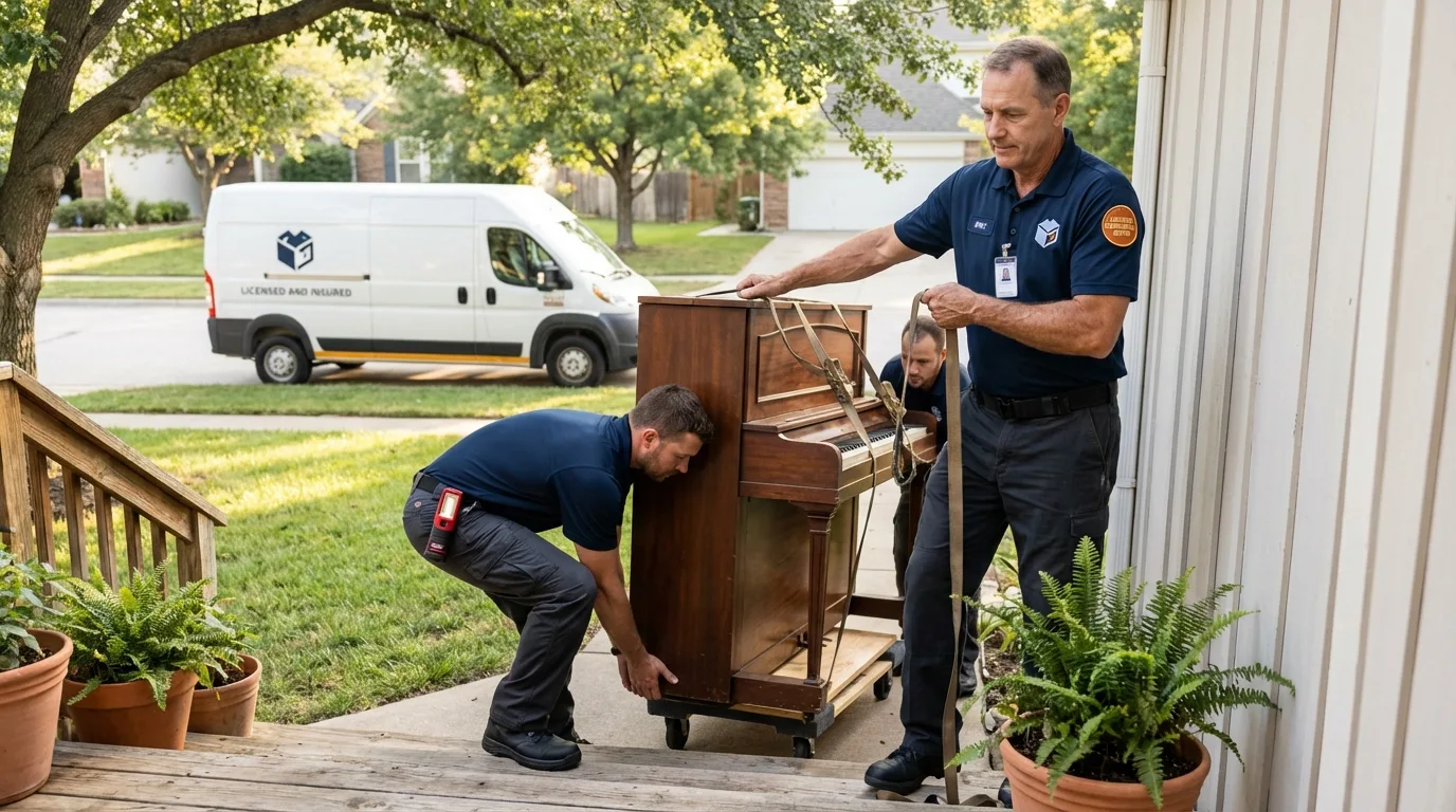 Licensed piano movers securing grand piano in Bellwood, IL